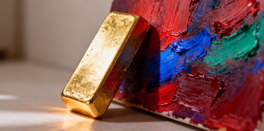 Barre d'or et peinture vibrante côte à côte.