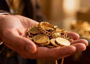 Main d'une personne tenant de l'or et des bijoux.