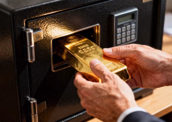 Mains plaçant des lingots d'or dans un coffre-fort.