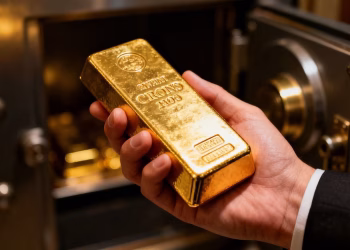 Main d'or tenant une barre d'or brillant.