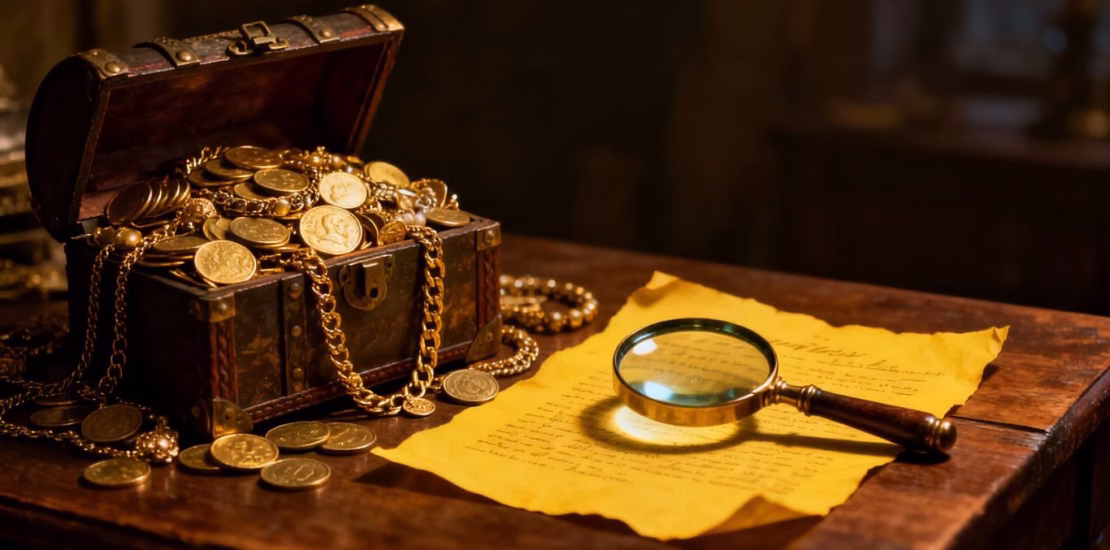 Coffre au trésor rempli d'or et de documents.