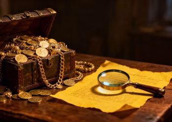 Coffre au trésor rempli d'or et de documents.