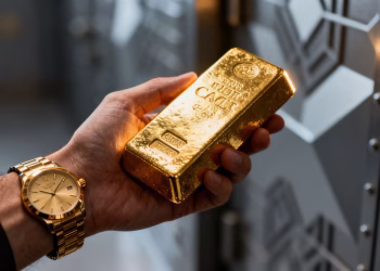 Main d'une personne tenant une barre d'or brillante.