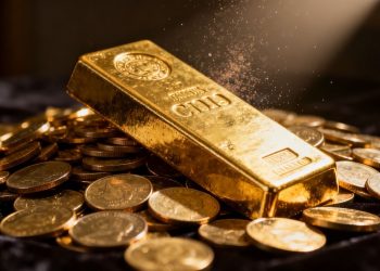 Barre d'or sur des pièces d'or, symbole de rentabilité.
