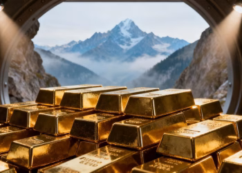 Lingots d'or empilés avec des montagnes suisses en arrière-plan.