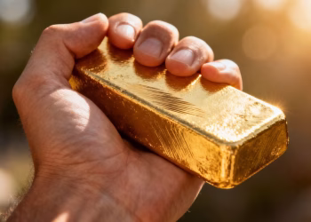 Main d'or tenant une barre d'or brillante.