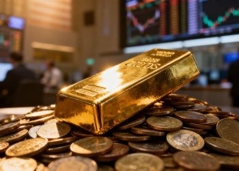 Barre d'or sur des pièces, bourse en arrière-plan.