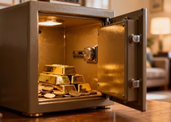 Coffre-fort à domicile avec des lingots d'or et des pièces.