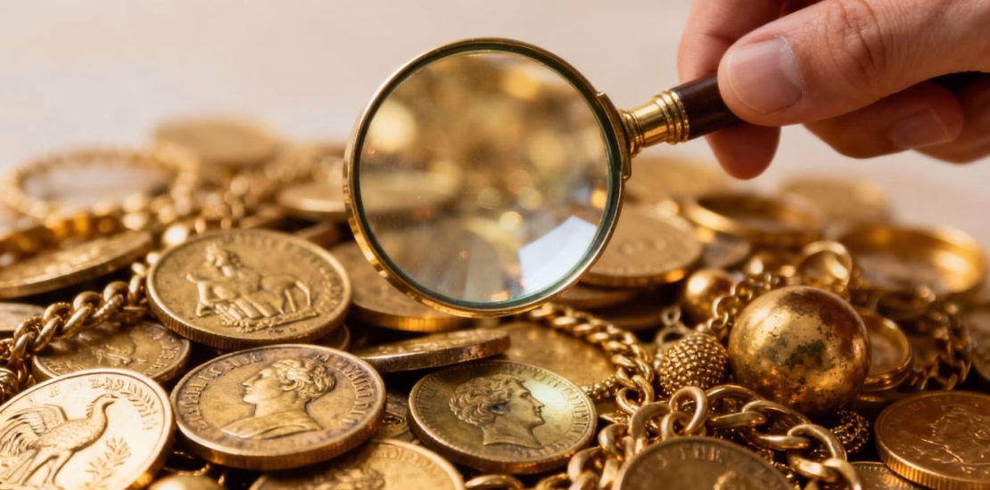 Main d'or examinant des bijoux en or avec une loupe.