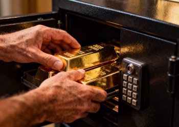 Mains plaçant des lingots d'or dans un coffre-fort.