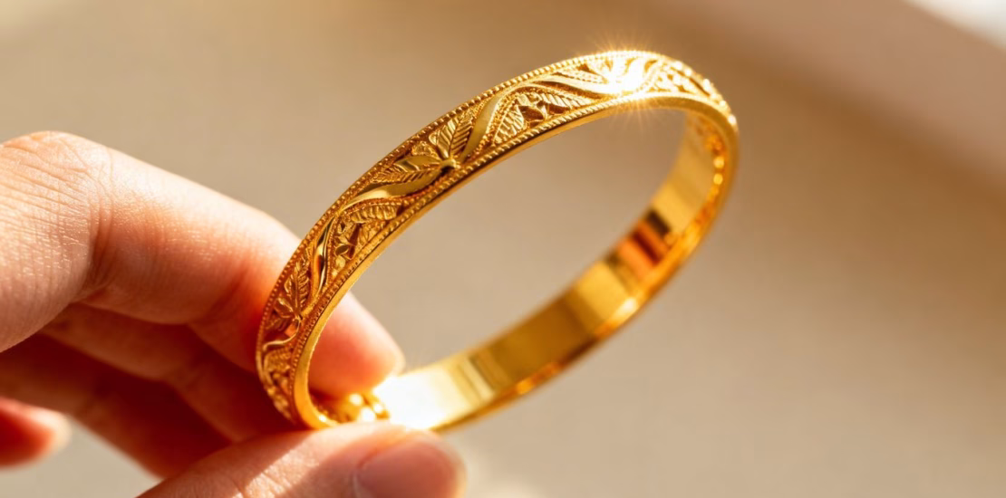 Main d'une personne tenant un bracelet en or brillant.