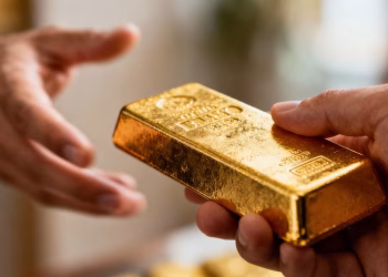 Main d'une personne tenant une barre d'or brillante.