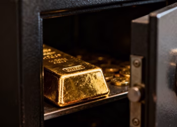 Barre d'or dans un coffre-fort sécurisé.