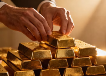 Mains plaçant une barre d'or sur une pile d'or.