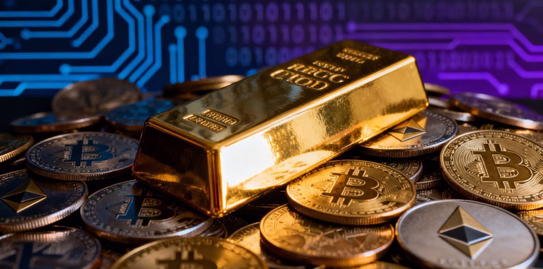 Barre d'or et pièces de crypto-monnaie
