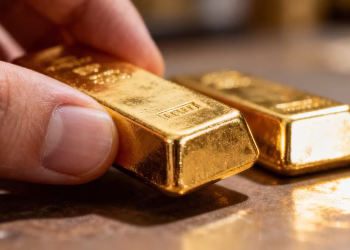 Main d'expert tenant une barre d'or brillante.
