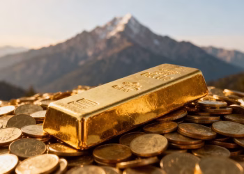 Lingot d'or sur des pièces d'or avec montagnes en arrière-plan.