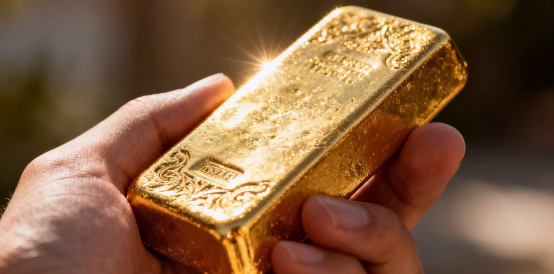 Main d'or tenant une barre d'or brillant.