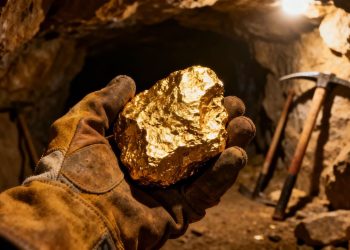 Main d'un mineur tenant une pépite d'or dans une mine.