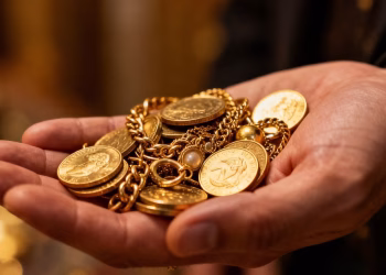 Main d'une personne tenant des pièces d'or et des bijoux.