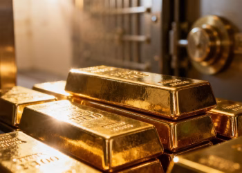 Lingots d'or brillants dans un coffre-fort.