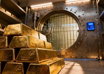 Lingots d'or dans un coffre-fort sécurisé.