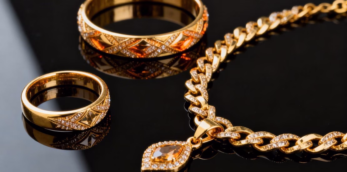 Bijoux en or 18 carats disposés sur fond noir