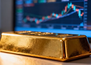 Barre d'or brillante sur fond boursier flou.