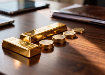 Lingots d'or et pièces sur une table luxueuse