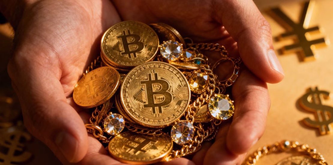 Main d'or tenant des pièces d'or et des bijoux.