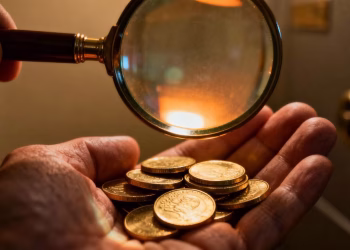 Main d'or avec loupe sur des pièces d'or.