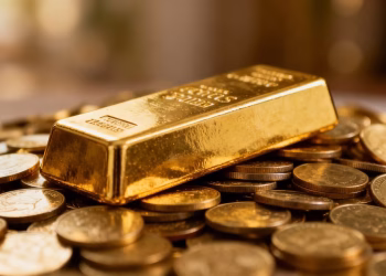 Barre d'or sur des pièces d'or.