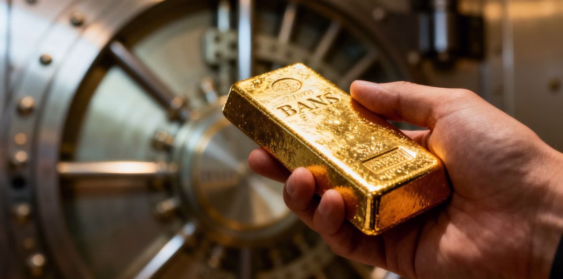 Main d'une personne tenant une barre d'or devant un coffre de banque.