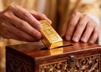 Mains plaçant une barre d'or dans une boîte.