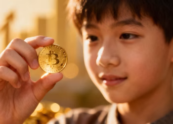Jeune investisseur tenant une pièce d'or brillante.