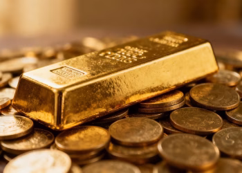 Barre d'or sur des pièces d'or.