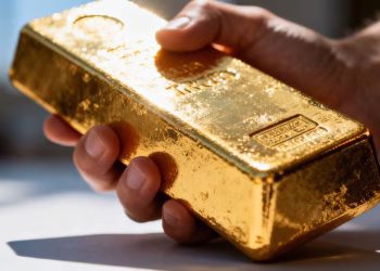 Main d'une personne tenant une barre d'or brillante.