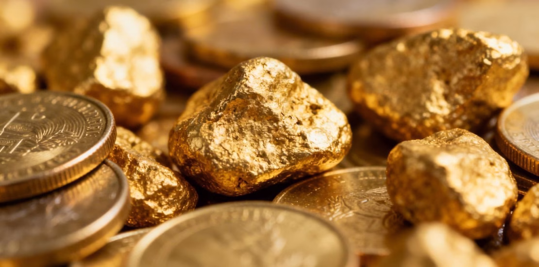Lingots et pièces d'or brillants, gros plan.