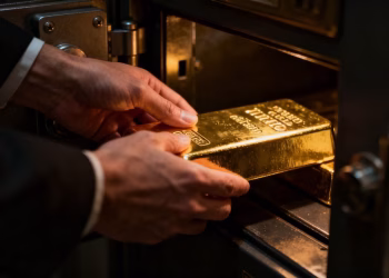 Mains plaçant discrètement une barre d'or dans un coffre.