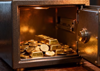Coffre-fort ignifuge protégeant des pièces d'or.
