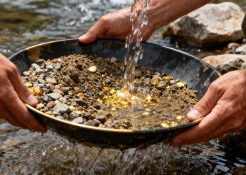 Mains tenant une batée pour chercher de l'or dans une rivière.