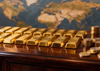 Lingots et pièces d'or sur une carte du monde.
