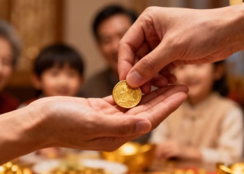 Main dorée transmettant une pièce d'or à une autre main.