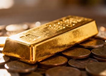 Barre d'or sur des pièces, investissement dans l'or.