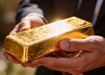 Barre d'or brillant dans une main, symbole de sécurité financière.