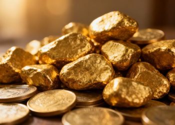 Nuggets et pièces d'or brillant, symbole d'investissement.