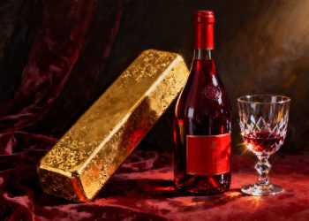 Lingot d'or et bouteille de vin rouge de luxe.