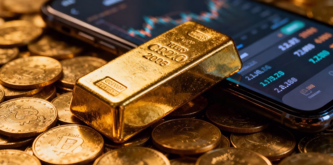 Gold bar and coins with a phone displaying the gold price.