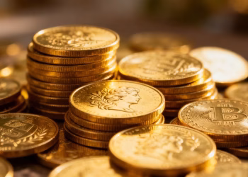 Pièces d'or 24k brillantes et empilées.