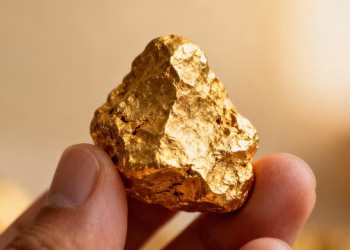 Main d'or tenant un lingot d'or brut.
